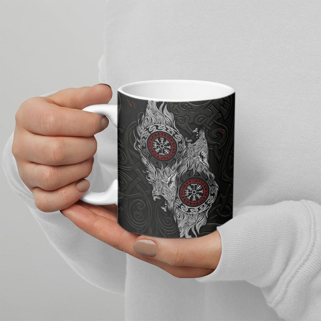 Fenrir Wolf and Vegvisir Viking Ceramic Mug Nordic Celtic Knotwork Black and Red Tribal Art
