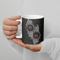 Fenrir Wolf and Vegvisir Viking Ceramic Mug Nordic Celtic Knotwork Black and Red Tribal Art