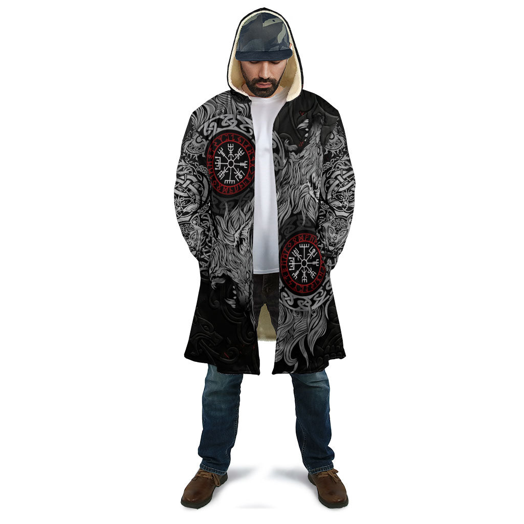 Fenrir Wolf and Vegvisir Viking Cloak Nordic Celtic Knotwork Black and Red Tribal Art