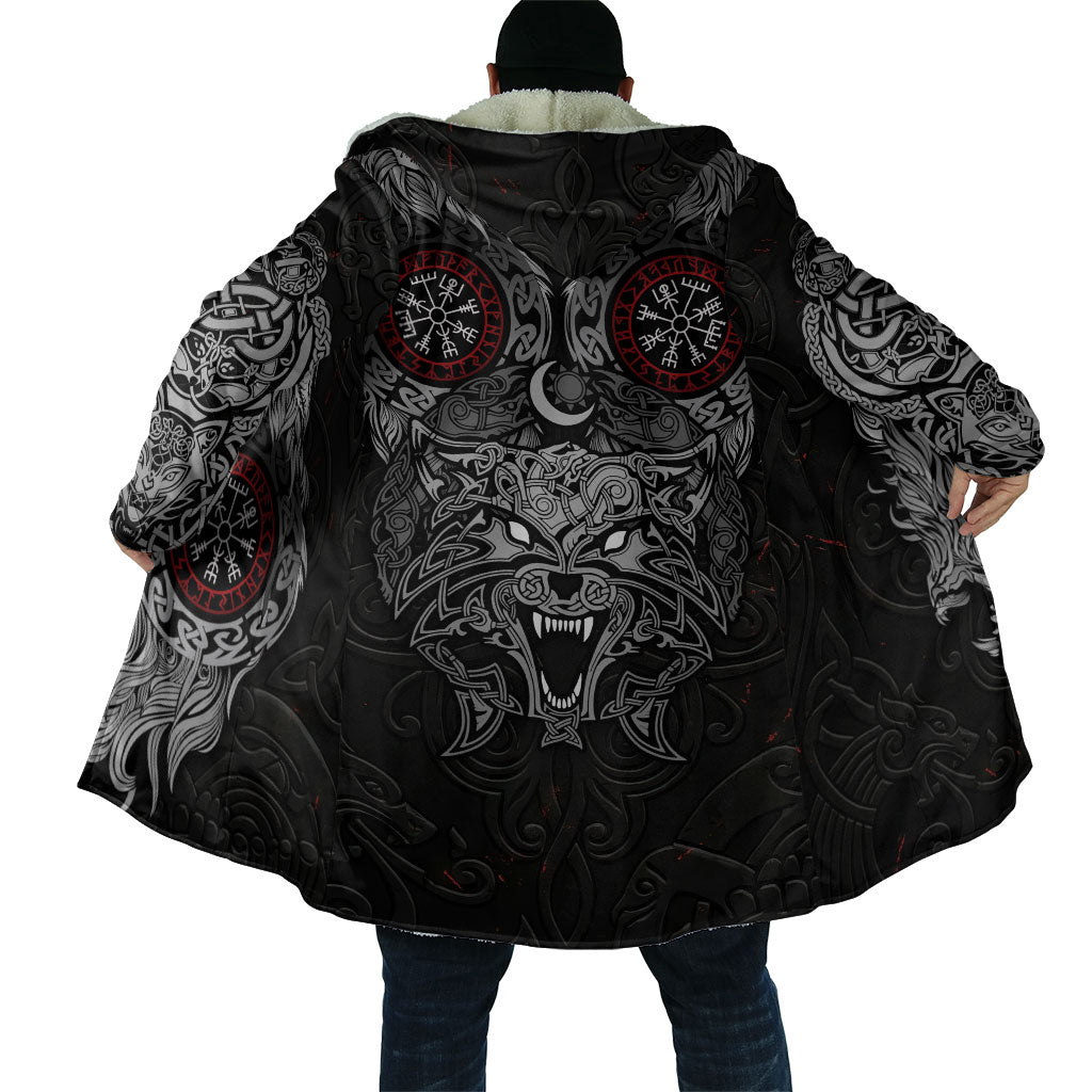 Fenrir Wolf and Vegvisir Viking Cloak Nordic Celtic Knotwork Black and Red Tribal Art