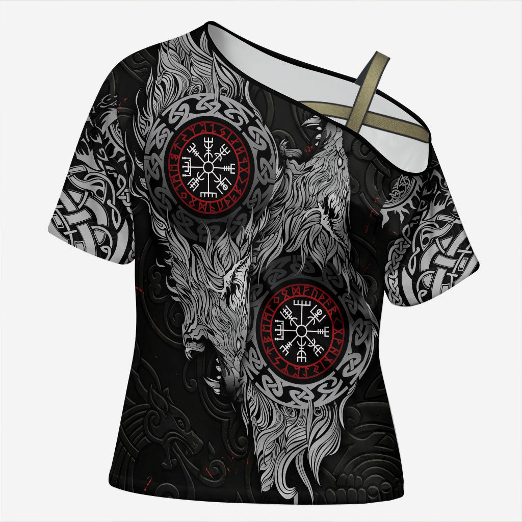 Fenrir Wolf and Vegvisir Viking Cross Shoulder Shirt Nordic Celtic Knotwork Black and Red Tribal Art