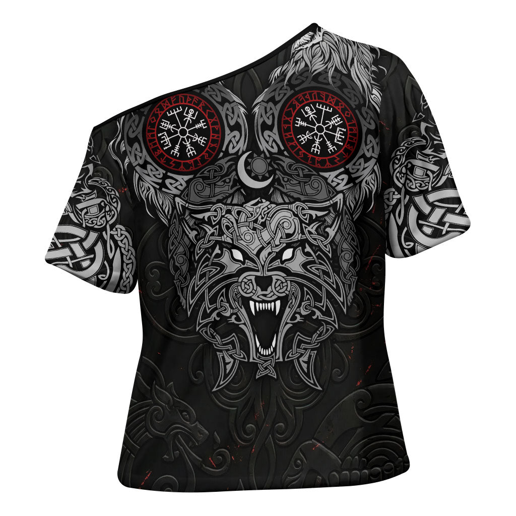 Fenrir Wolf and Vegvisir Viking Cross Shoulder Shirt Nordic Celtic Knotwork Black and Red Tribal Art