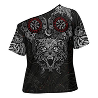 Fenrir Wolf and Vegvisir Viking Cross Shoulder Shirt Nordic Celtic Knotwork Black and Red Tribal Art