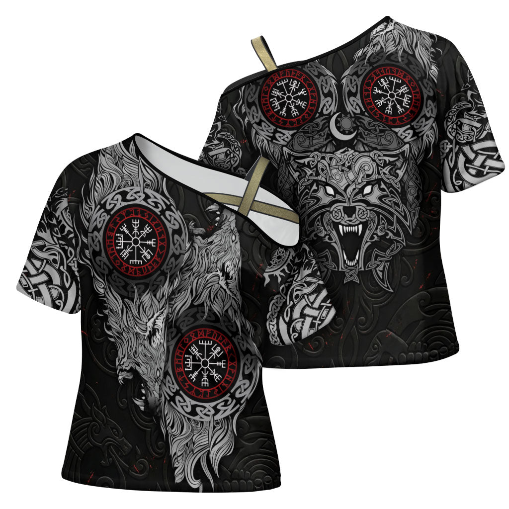 Fenrir Wolf and Vegvisir Viking Cross Shoulder Shirt Nordic Celtic Knotwork Black and Red Tribal Art