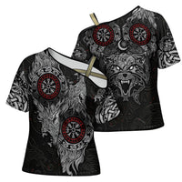 Fenrir Wolf and Vegvisir Viking Cross Shoulder Shirt Nordic Celtic Knotwork Black and Red Tribal Art
