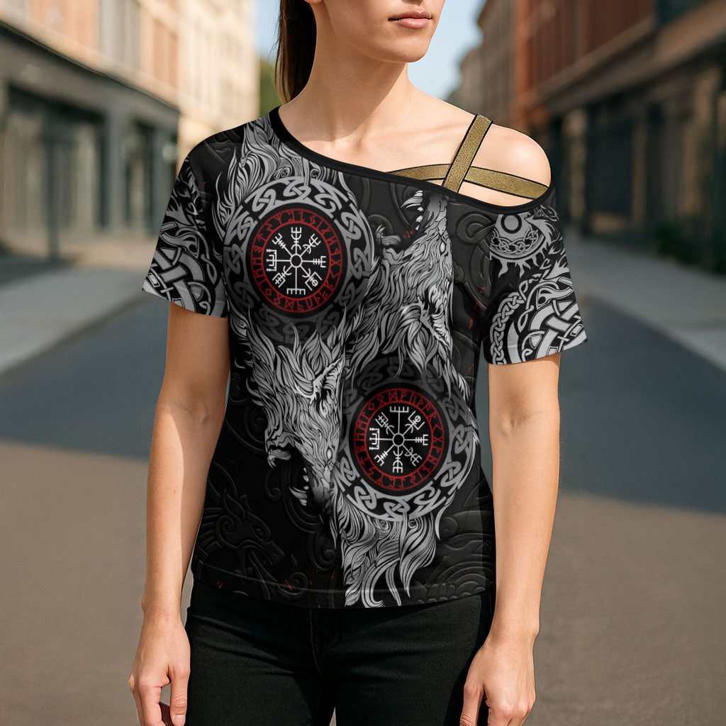 Fenrir Wolf and Vegvisir Viking Cross Shoulder Shirt Nordic Celtic Knotwork Black and Red Tribal Art