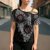 Fenrir Wolf and Vegvisir Viking Cross Shoulder Shirt Nordic Celtic Knotwork Black and Red Tribal Art