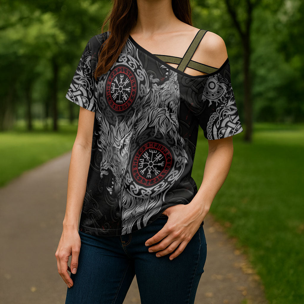 Fenrir Wolf and Vegvisir Viking Cross Shoulder Shirt Nordic Celtic Knotwork Black and Red Tribal Art