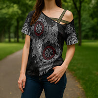 Fenrir Wolf and Vegvisir Viking Cross Shoulder Shirt Nordic Celtic Knotwork Black and Red Tribal Art