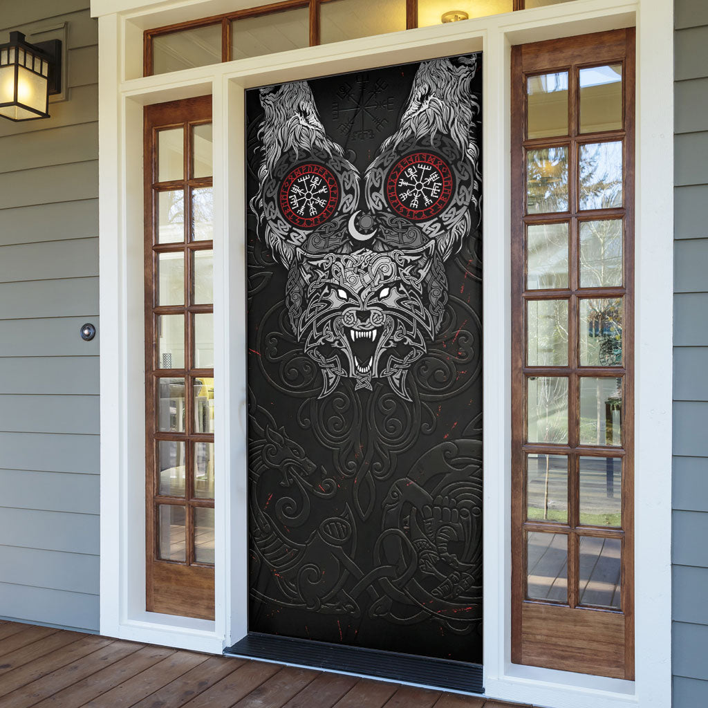 Fenrir Wolf and Vegvisir Viking Door Cover Nordic Celtic Knotwork Black and Red Tribal Art