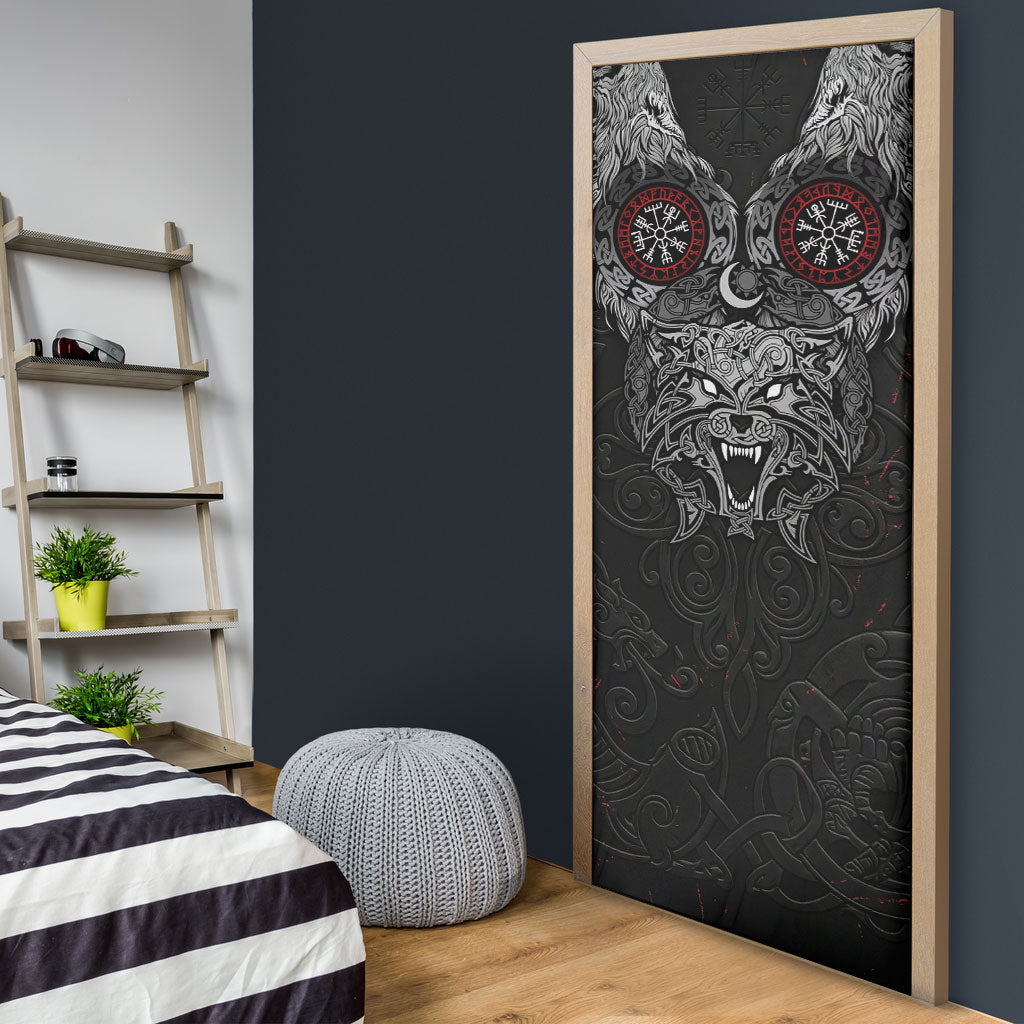 Fenrir Wolf and Vegvisir Viking Door Cover Nordic Celtic Knotwork Black and Red Tribal Art