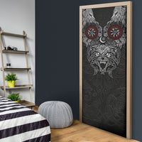 Fenrir Wolf and Vegvisir Viking Door Cover Nordic Celtic Knotwork Black and Red Tribal Art