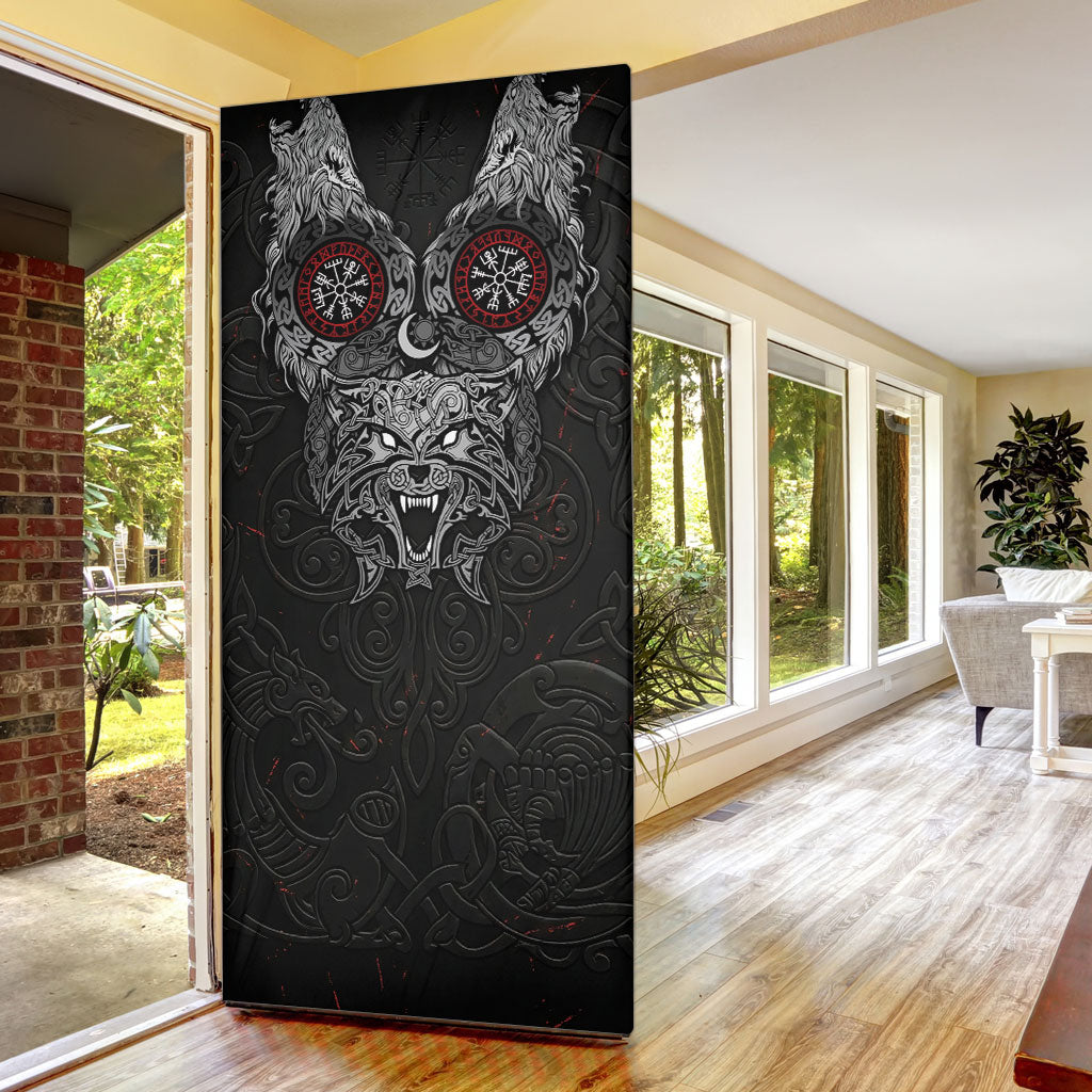 Fenrir Wolf and Vegvisir Viking Door Cover Nordic Celtic Knotwork Black and Red Tribal Art