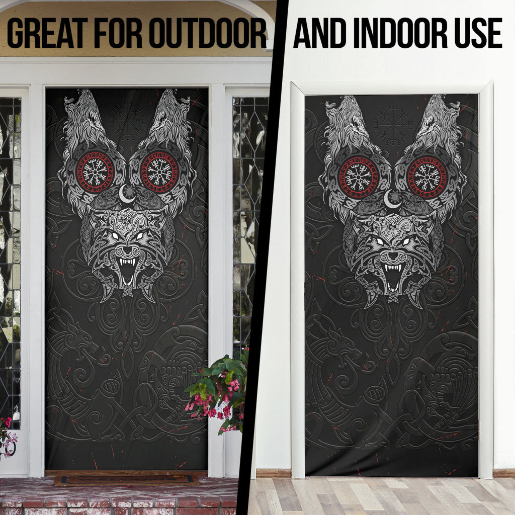 Fenrir Wolf and Vegvisir Viking Door Cover Nordic Celtic Knotwork Black and Red Tribal Art