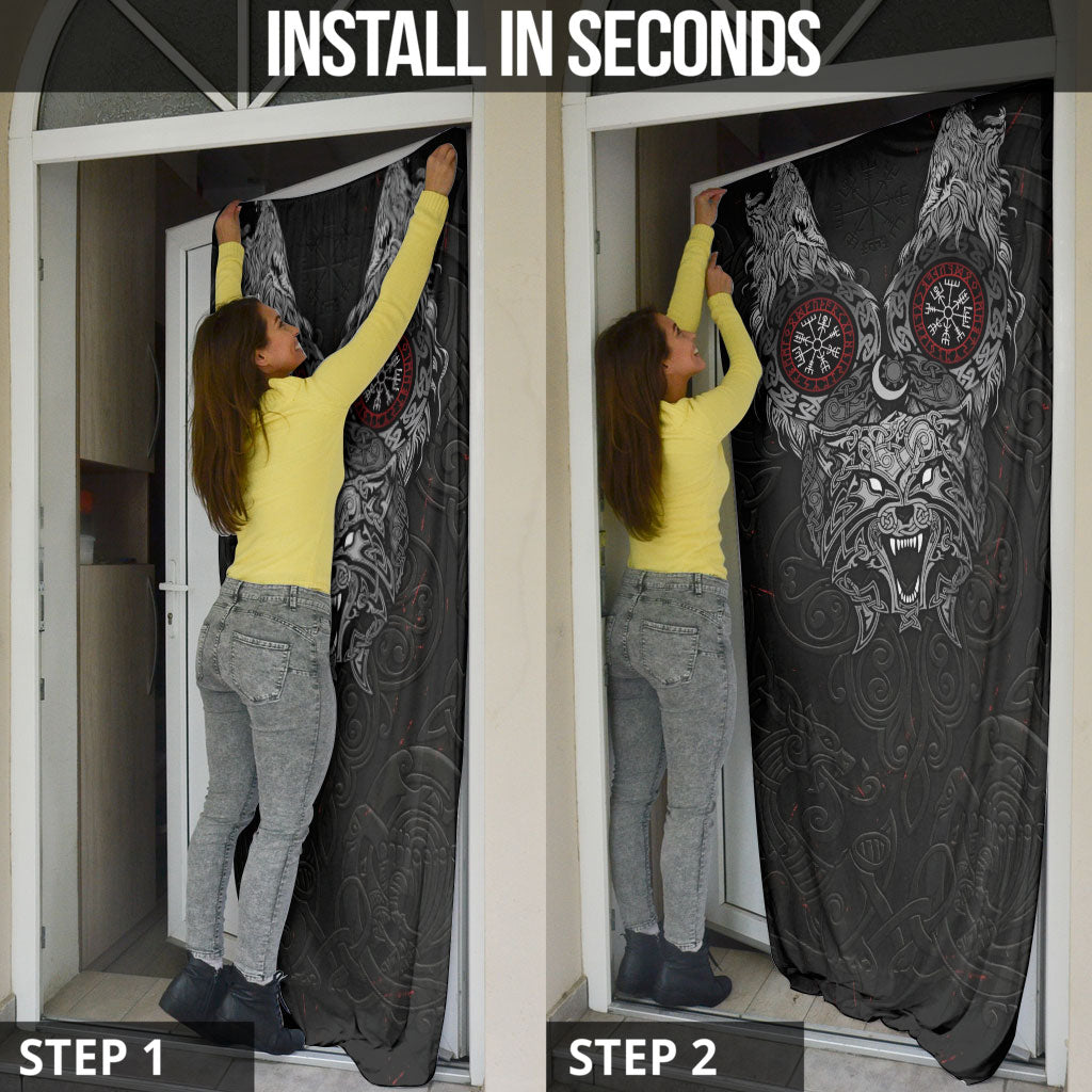 Fenrir Wolf and Vegvisir Viking Door Cover Nordic Celtic Knotwork Black and Red Tribal Art