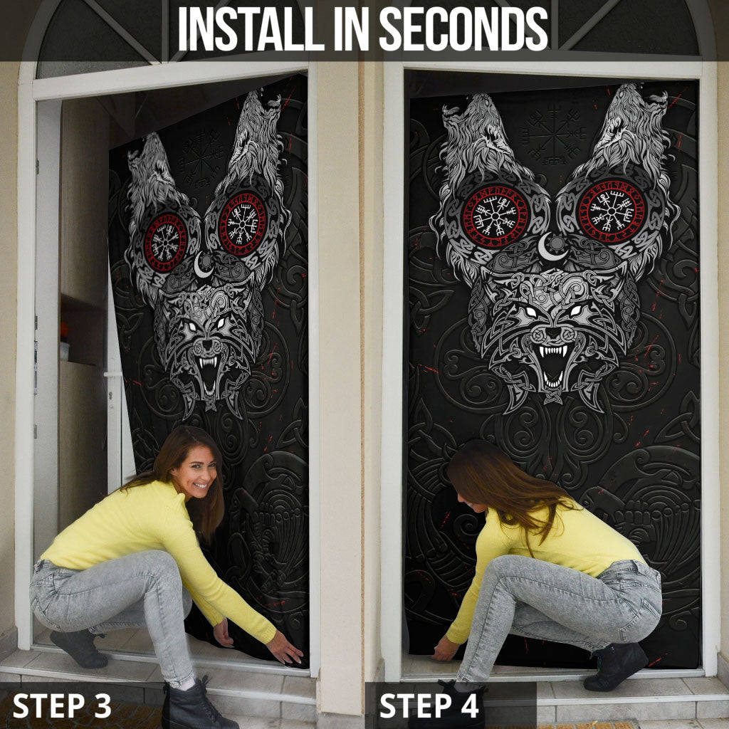 Fenrir Wolf and Vegvisir Viking Door Cover Nordic Celtic Knotwork Black and Red Tribal Art
