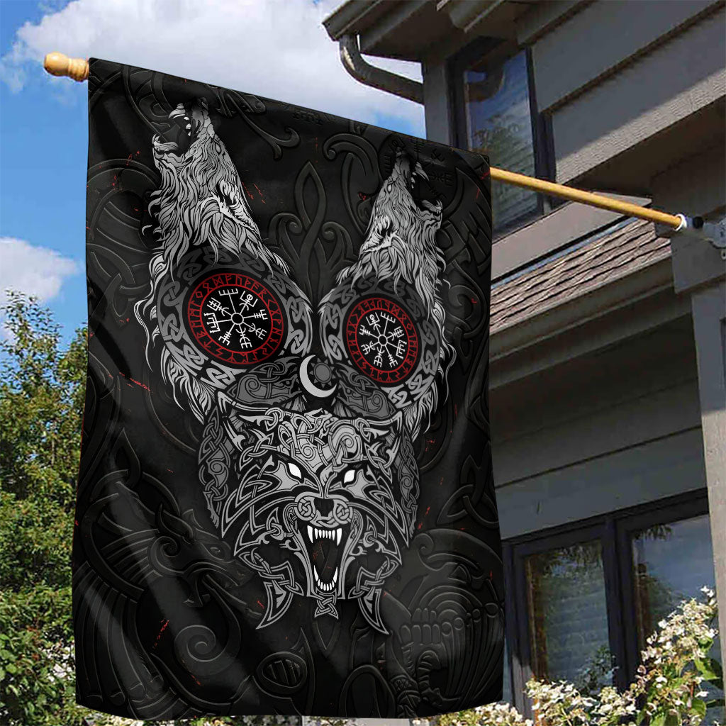 Fenrir Wolf and Vegvisir Viking Garden Flag Nordic Celtic Knotwork Black and Red Tribal Art