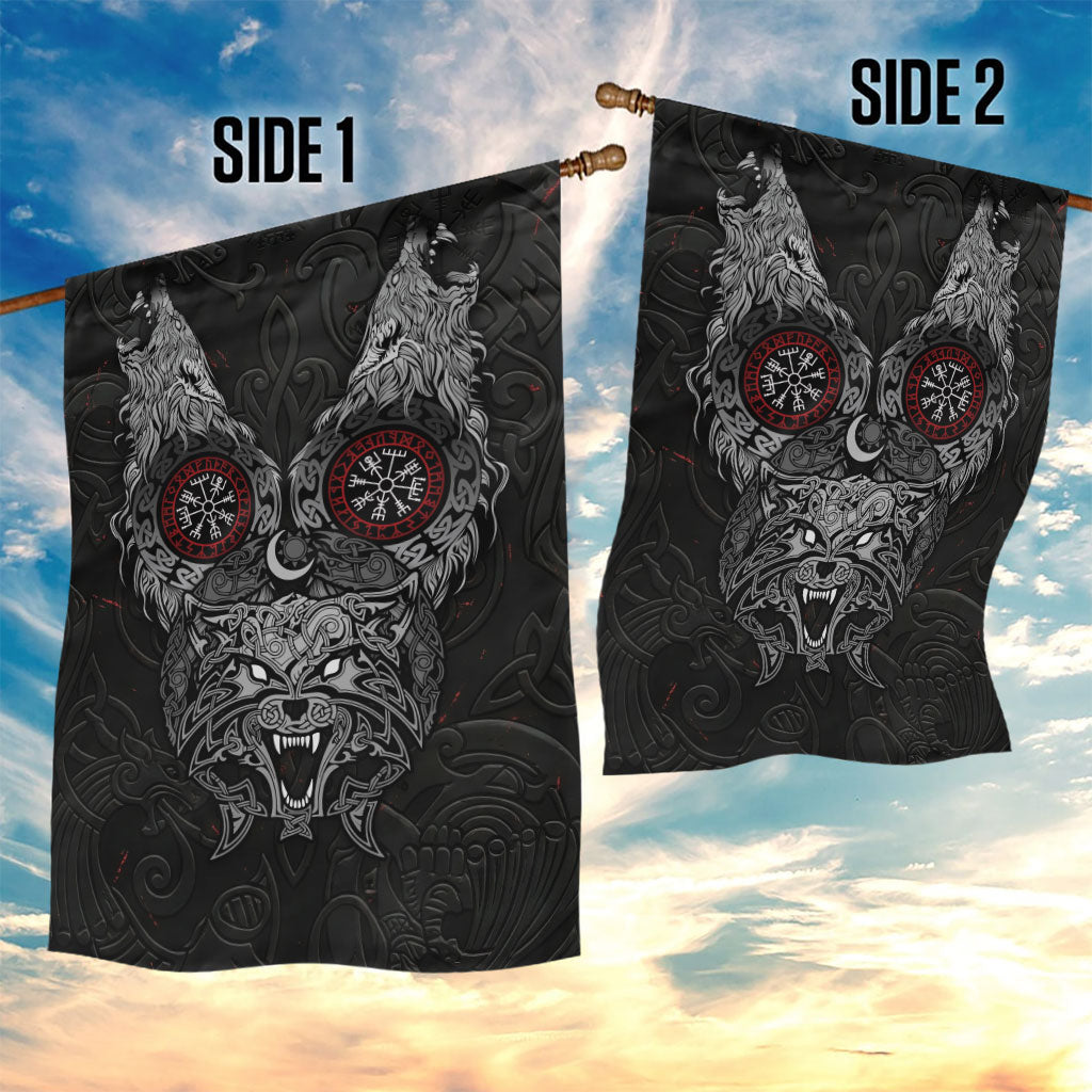 Fenrir Wolf and Vegvisir Viking Garden Flag Nordic Celtic Knotwork Black and Red Tribal Art