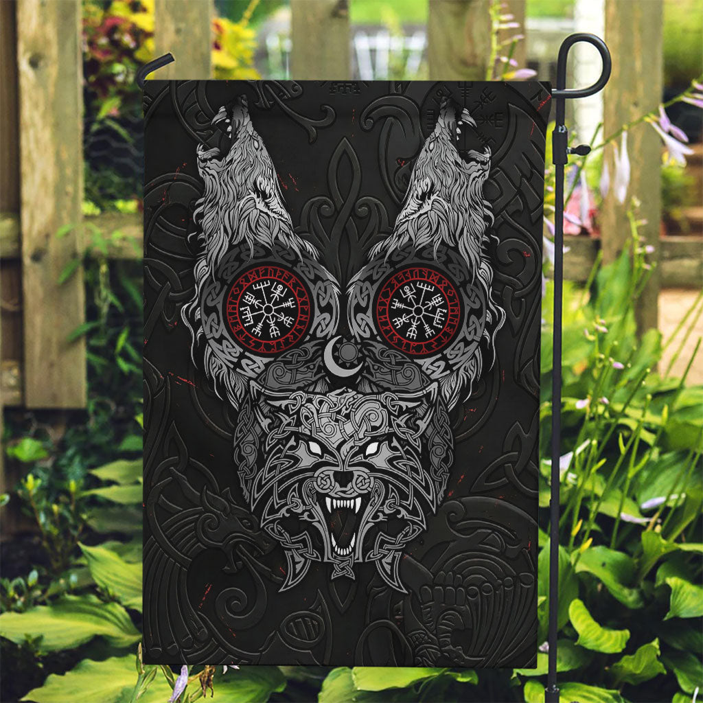 Fenrir Wolf and Vegvisir Viking Garden Flag Nordic Celtic Knotwork Black and Red Tribal Art