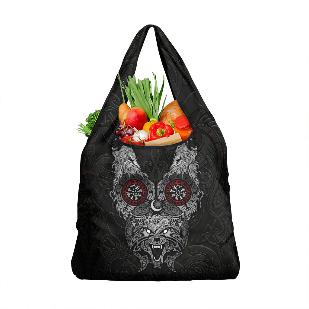 Fenrir Wolf and Vegvisir Viking Grocery Bag Nordic Celtic Knotwork Black and Red Tribal Art
