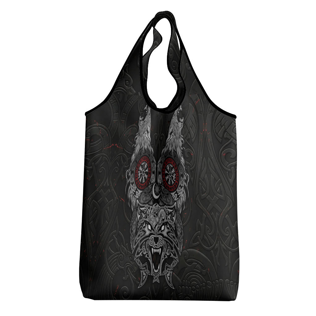 Fenrir Wolf and Vegvisir Viking Grocery Bag Nordic Celtic Knotwork Black and Red Tribal Art