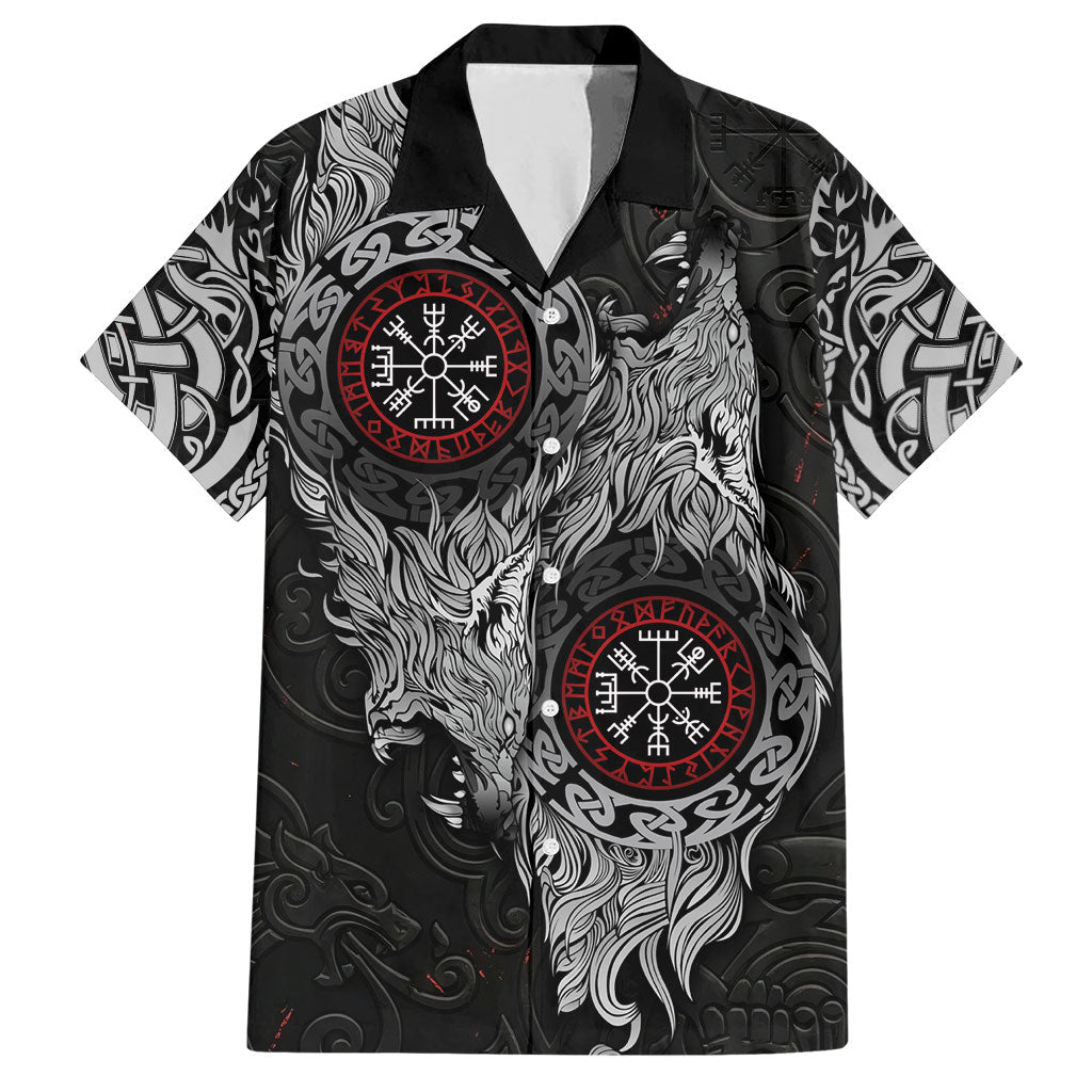 Fenrir Wolf and Vegvisir Viking Hawaiian Shirt Nordic Celtic Knotwork Black and Red Tribal Art