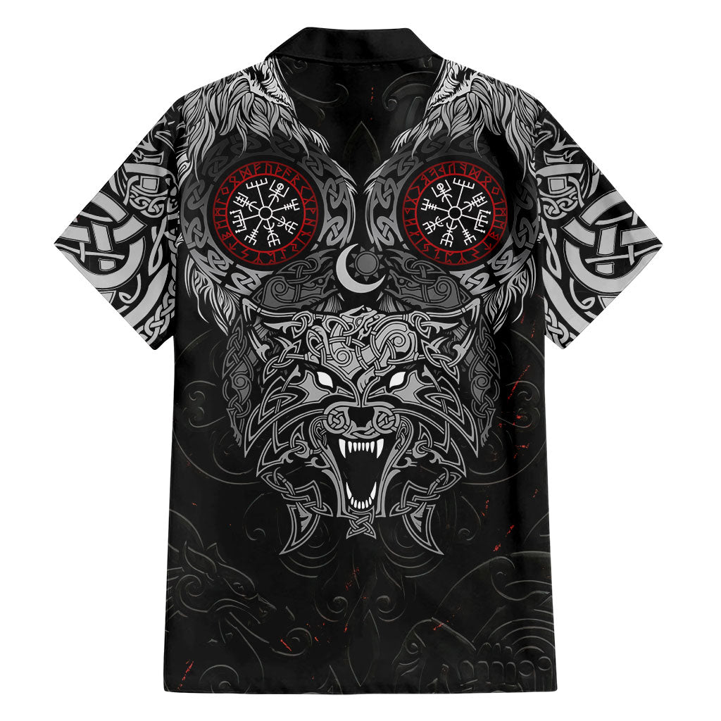 Fenrir Wolf and Vegvisir Viking Hawaiian Shirt Nordic Celtic Knotwork Black and Red Tribal Art