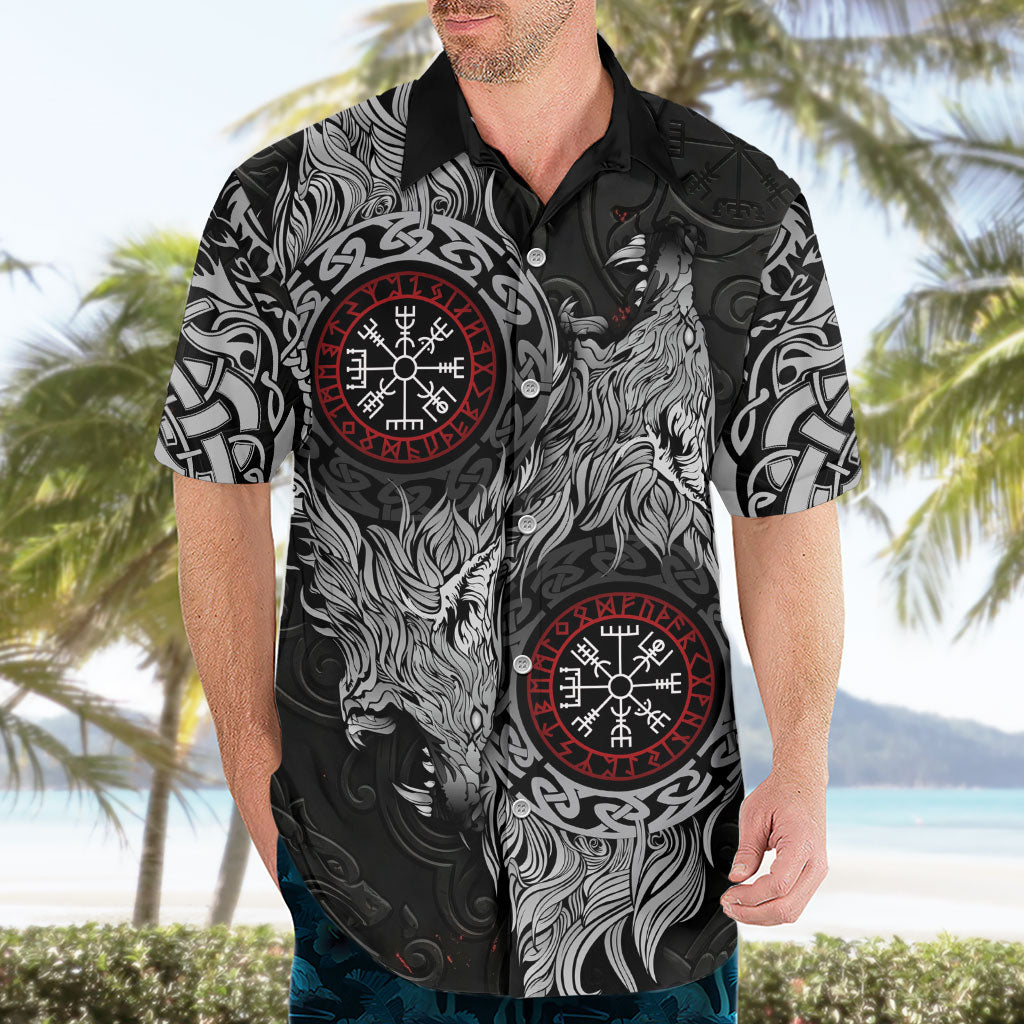Fenrir Wolf and Vegvisir Viking Hawaiian Shirt Nordic Celtic Knotwork Black and Red Tribal Art