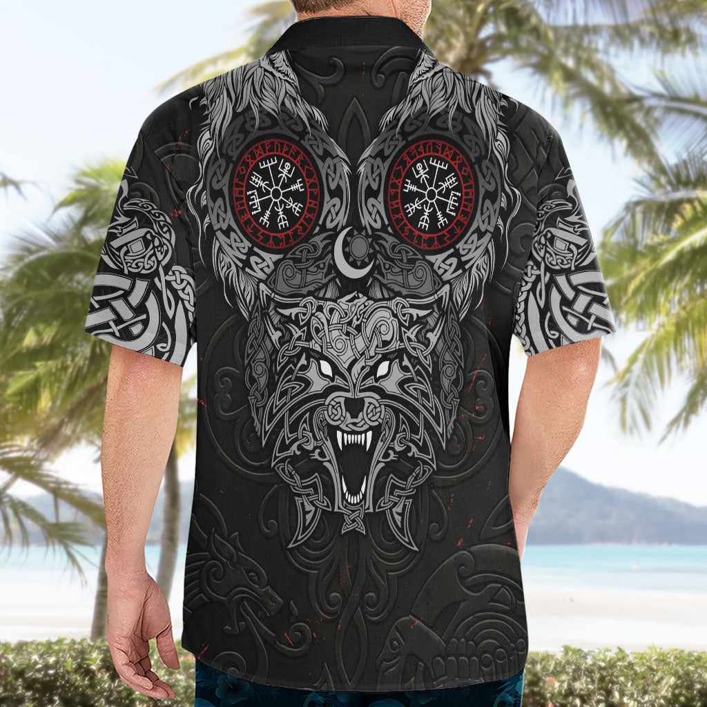 Fenrir Wolf and Vegvisir Viking Hawaiian Shirt Nordic Celtic Knotwork Black and Red Tribal Art