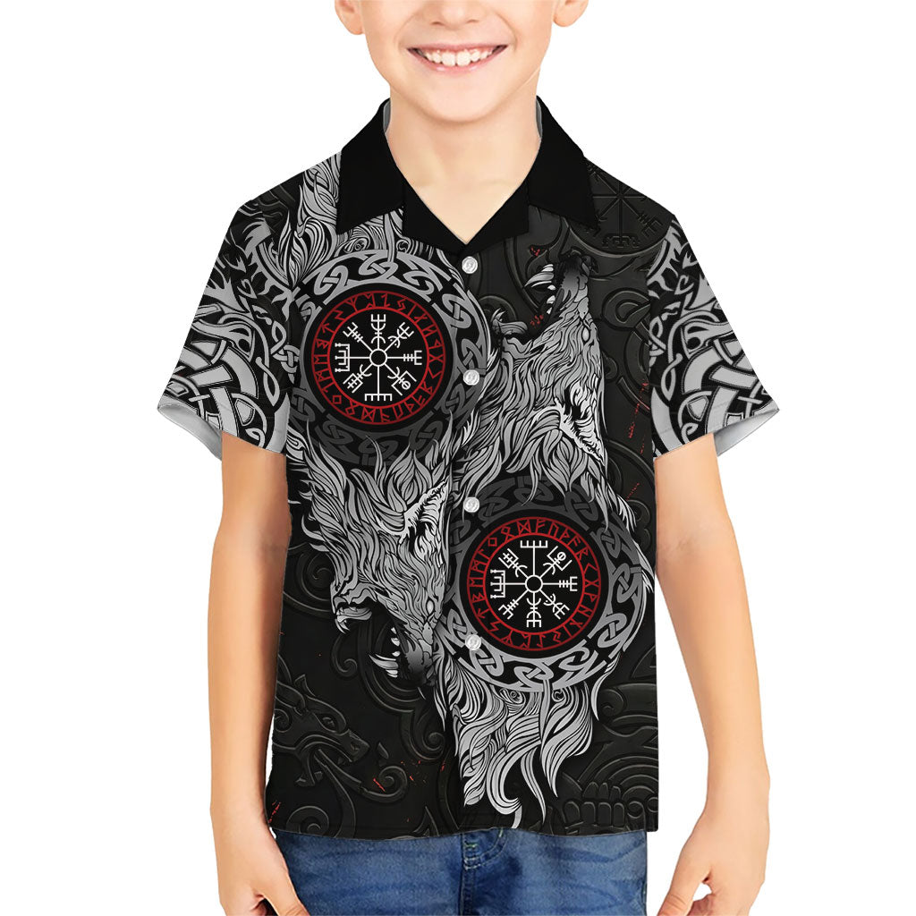 Fenrir Wolf and Vegvisir Viking Hawaiian Shirt Nordic Celtic Knotwork Black and Red Tribal Art