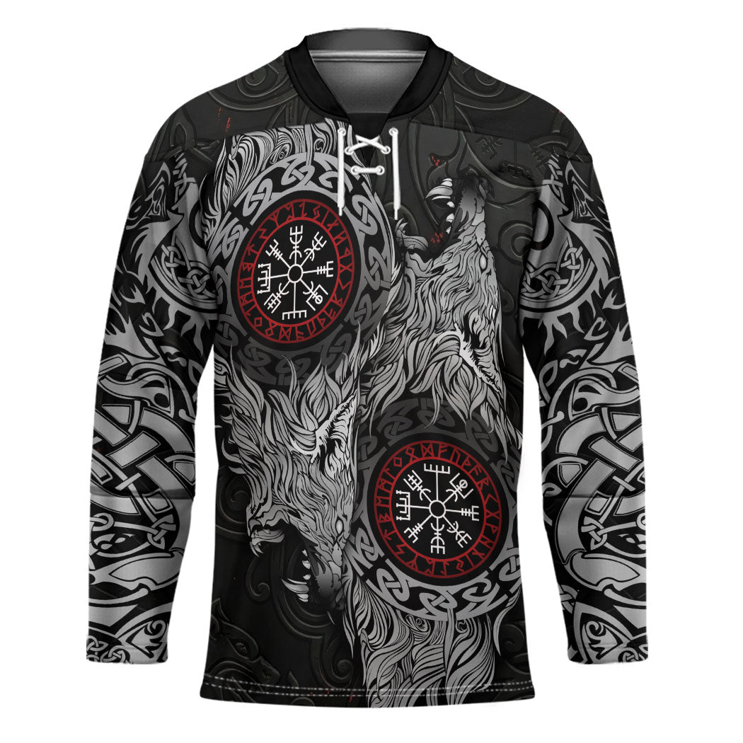 Fenrir Wolf and Vegvisir Viking Hockey Jersey Nordic Celtic Knotwork Black and Red Tribal Art