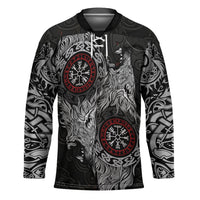 Fenrir Wolf and Vegvisir Viking Hockey Jersey Nordic Celtic Knotwork Black and Red Tribal Art
