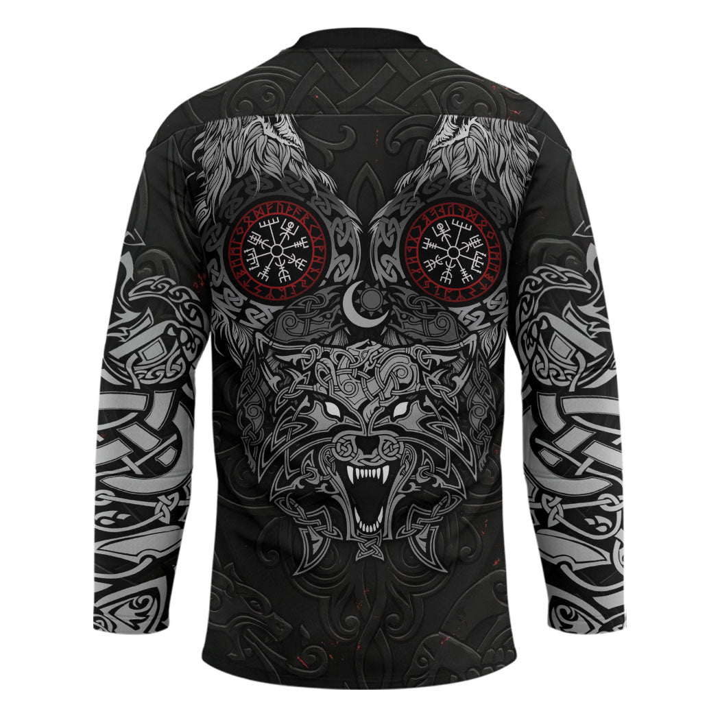 Fenrir Wolf and Vegvisir Viking Hockey Jersey Nordic Celtic Knotwork Black and Red Tribal Art