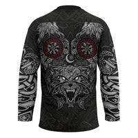 Fenrir Wolf and Vegvisir Viking Hockey Jersey Nordic Celtic Knotwork Black and Red Tribal Art