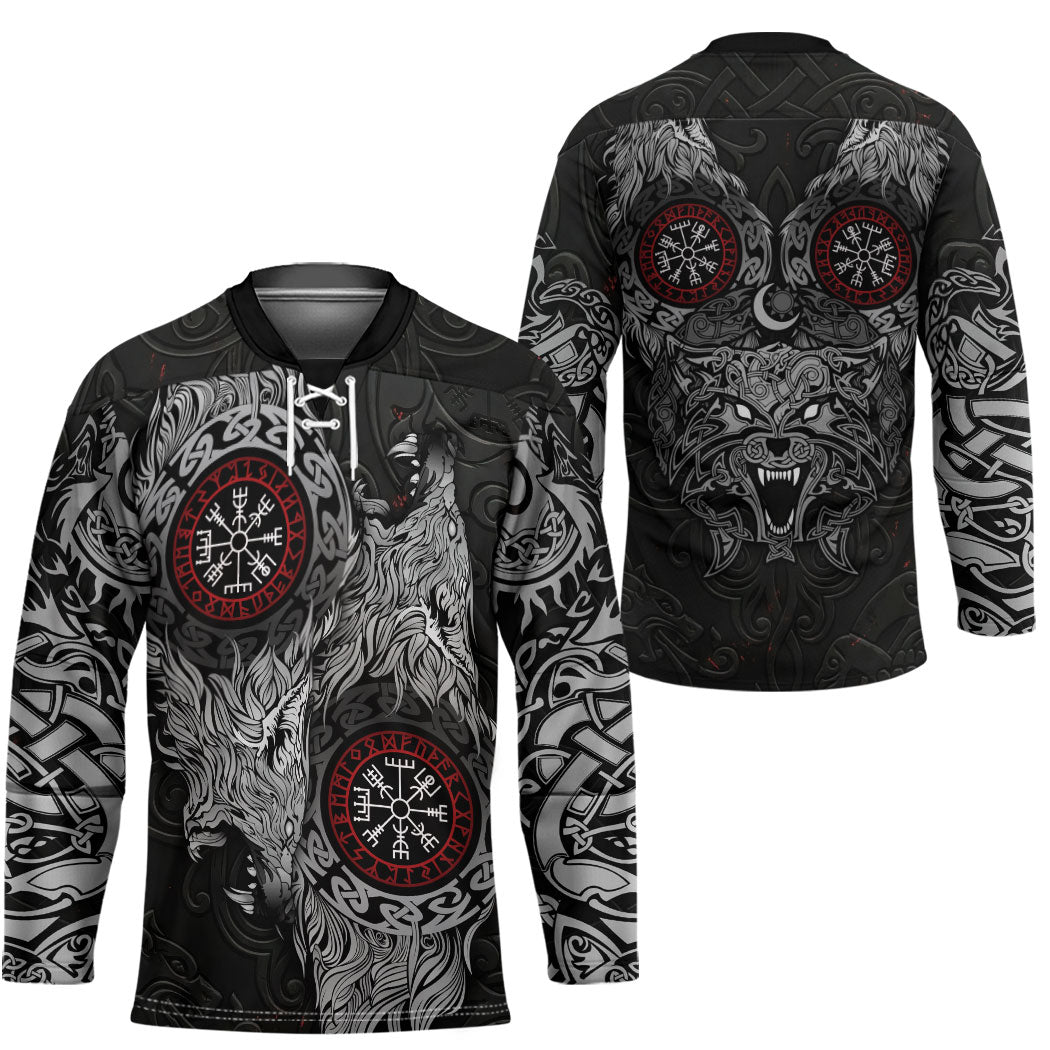 Fenrir Wolf and Vegvisir Viking Hockey Jersey Nordic Celtic Knotwork Black and Red Tribal Art
