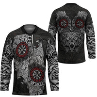 Fenrir Wolf and Vegvisir Viking Hockey Jersey Nordic Celtic Knotwork Black and Red Tribal Art