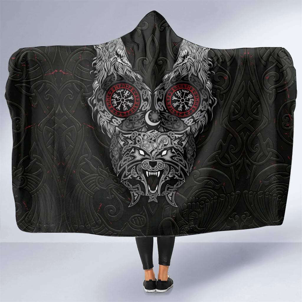 Fenrir Wolf and Vegvisir Viking Hooded Blanket Nordic Celtic Knotwork Black and Red Tribal Art