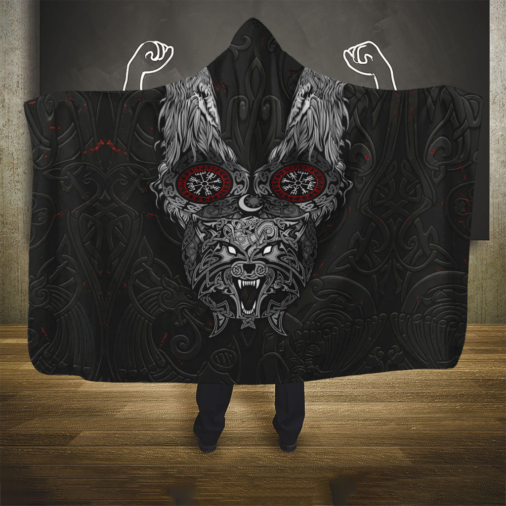 Fenrir Wolf and Vegvisir Viking Hooded Blanket Nordic Celtic Knotwork Black and Red Tribal Art