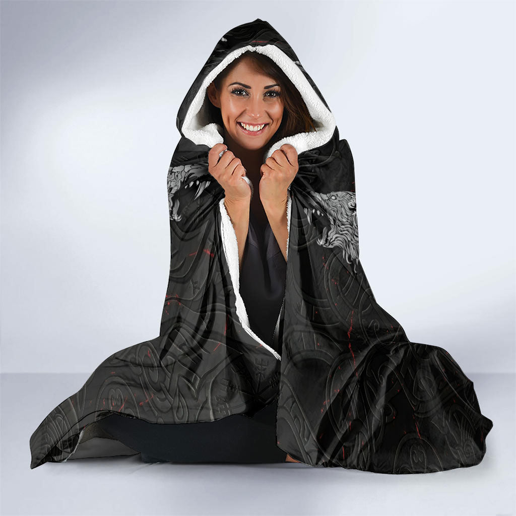 Fenrir Wolf and Vegvisir Viking Hooded Blanket Nordic Celtic Knotwork Black and Red Tribal Art