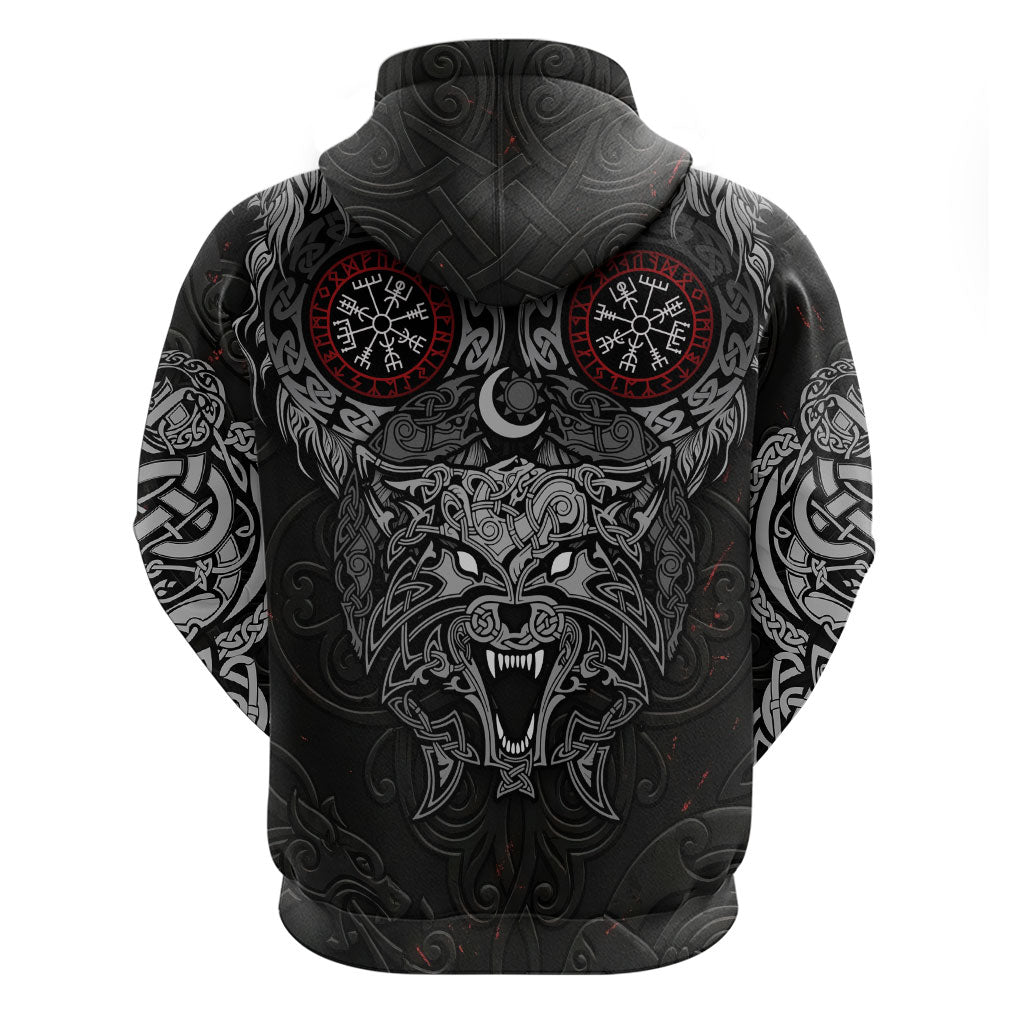 Fenrir Wolf and Vegvisir Viking Hoodie Nordic Celtic Knotwork Black and Red Tribal Art