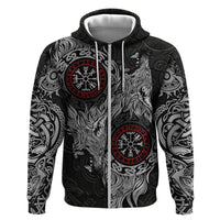 Fenrir Wolf and Vegvisir Viking Hoodie Nordic Celtic Knotwork Black and Red Tribal Art
