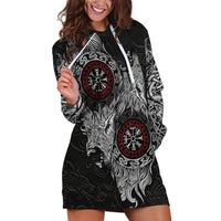 Fenrir Wolf and Vegvisir Viking Hoodie Dress Nordic Celtic Knotwork Black and Red Tribal Art