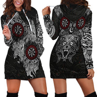 Fenrir Wolf and Vegvisir Viking Hoodie Dress Nordic Celtic Knotwork Black and Red Tribal Art