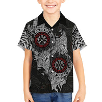 Fenrir Wolf and Vegvisir Viking Kid Hawaiian Shirt Nordic Celtic Knotwork Black and Red Tribal Art