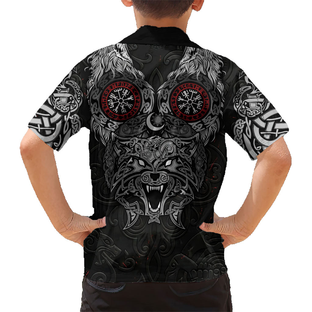 Fenrir Wolf and Vegvisir Viking Kid Hawaiian Shirt Nordic Celtic Knotwork Black and Red Tribal Art