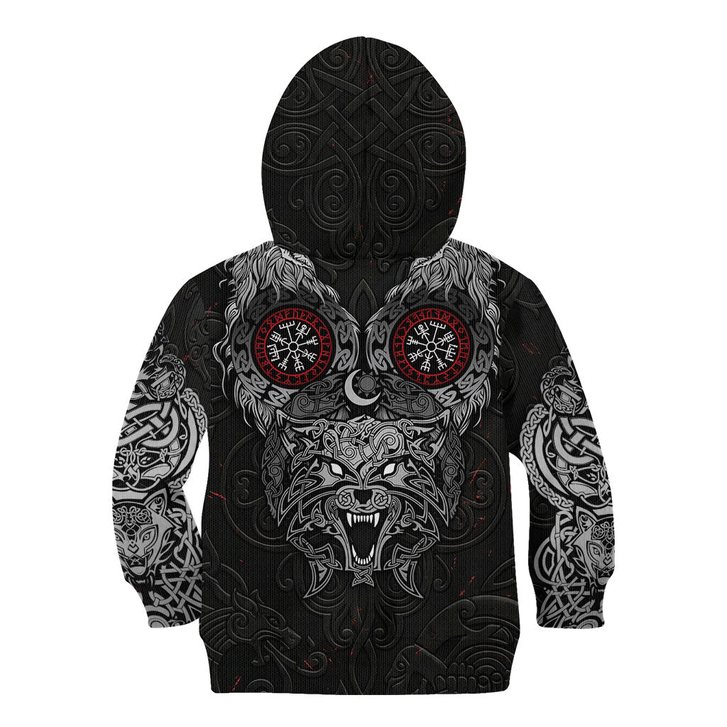Fenrir Wolf and Vegvisir Viking Kid Hoodie Nordic Celtic Knotwork Black and Red Tribal Art