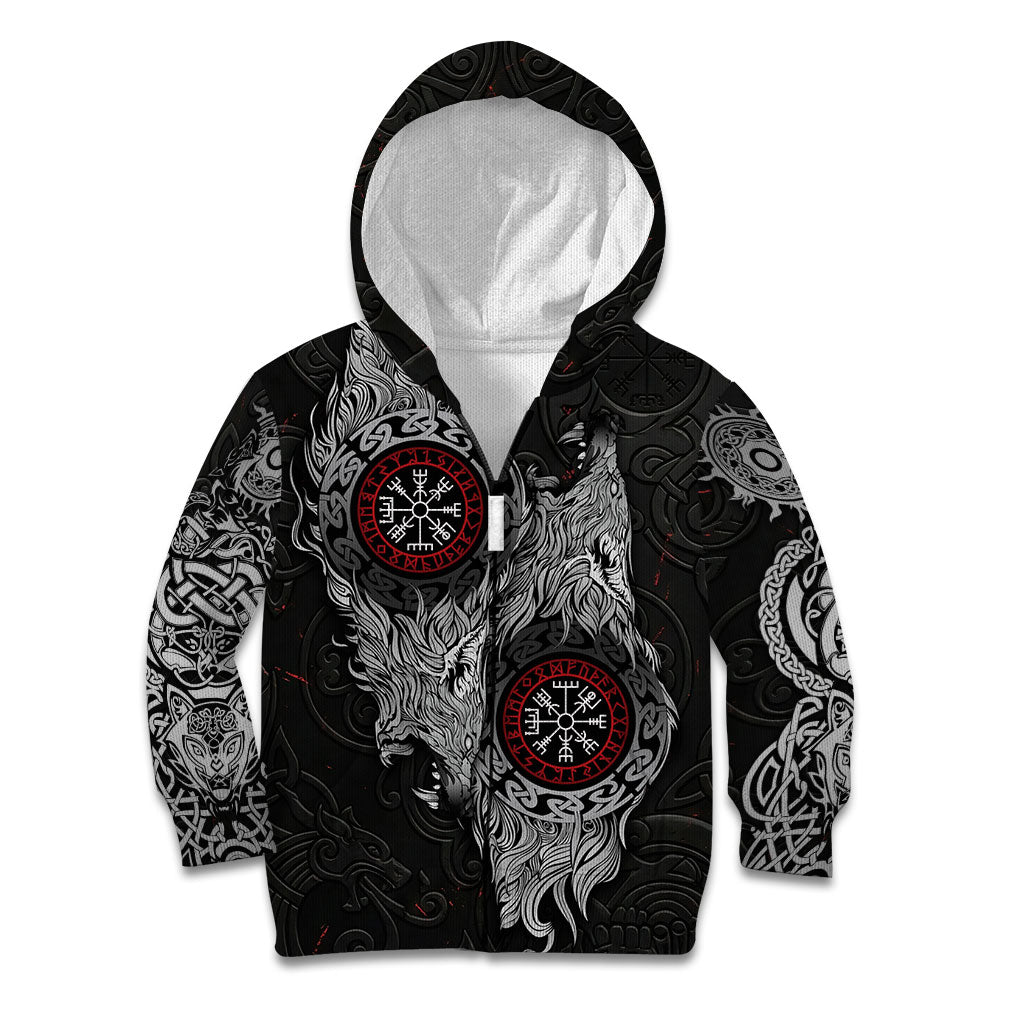 Fenrir Wolf and Vegvisir Viking Kid Hoodie Nordic Celtic Knotwork Black and Red Tribal Art