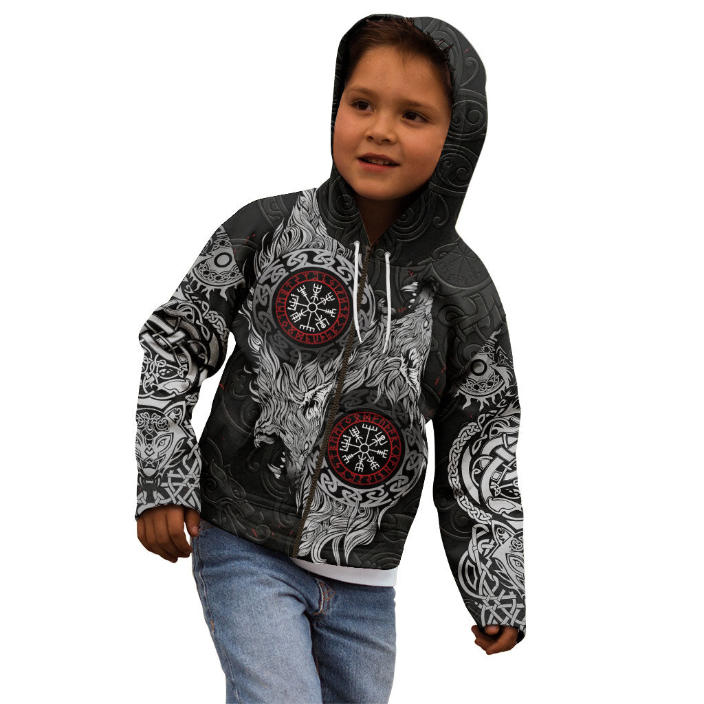 Fenrir Wolf and Vegvisir Viking Kid Hoodie Nordic Celtic Knotwork Black and Red Tribal Art