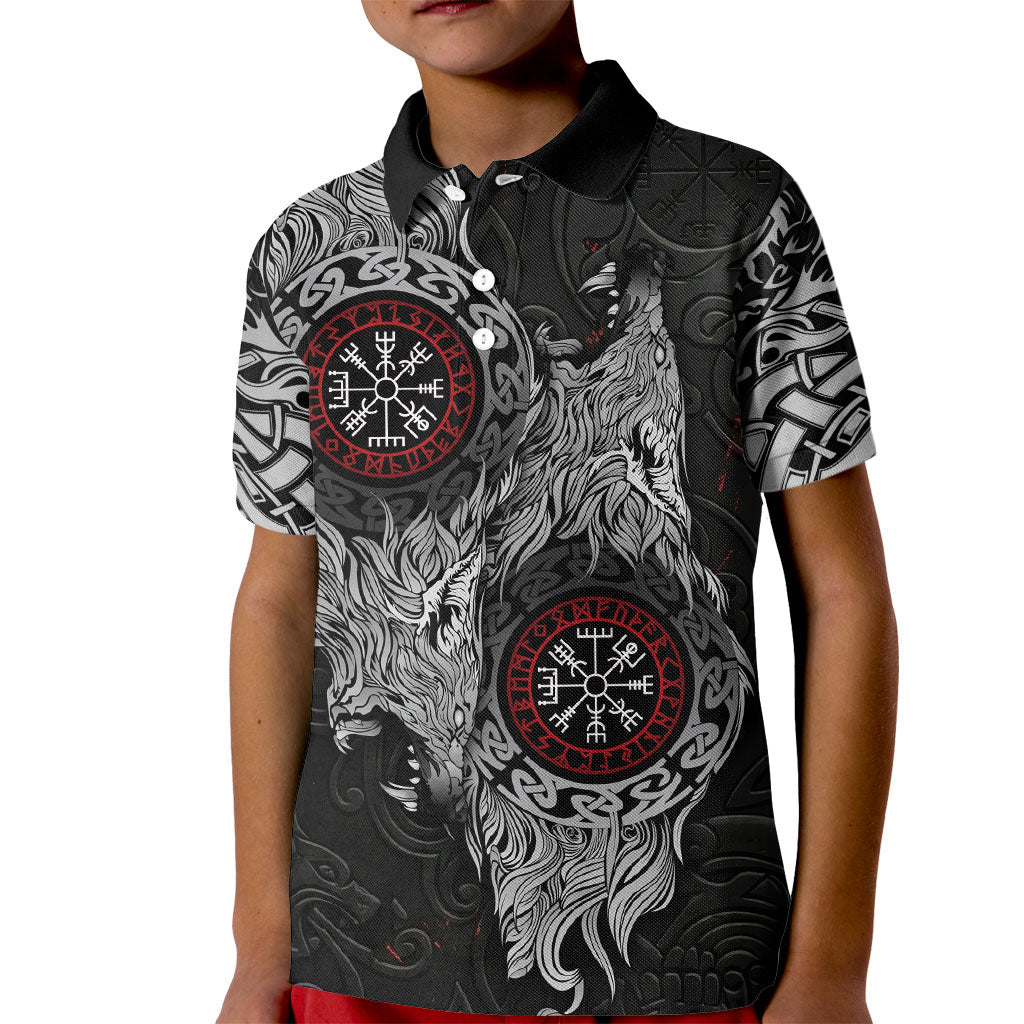 Fenrir Wolf and Vegvisir Viking Kid Polo Shirt Nordic Celtic Knotwork Black and Red Tribal Art