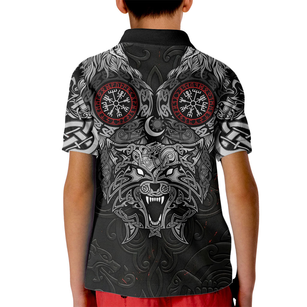 Fenrir Wolf and Vegvisir Viking Kid Polo Shirt Nordic Celtic Knotwork Black and Red Tribal Art